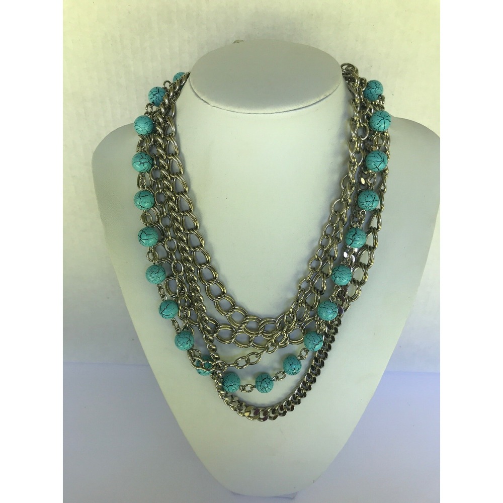 Necklace Multiple layers drop dangle multiple blue beads silver‎ tone chains 18"